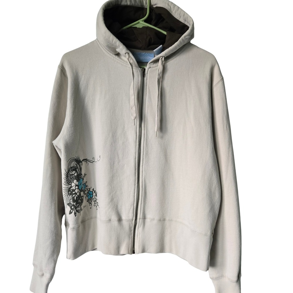 Gotcha Cream Zip Up Hoodie Floral Graphic Brown Hood Lining Mens Large Y2K Surf